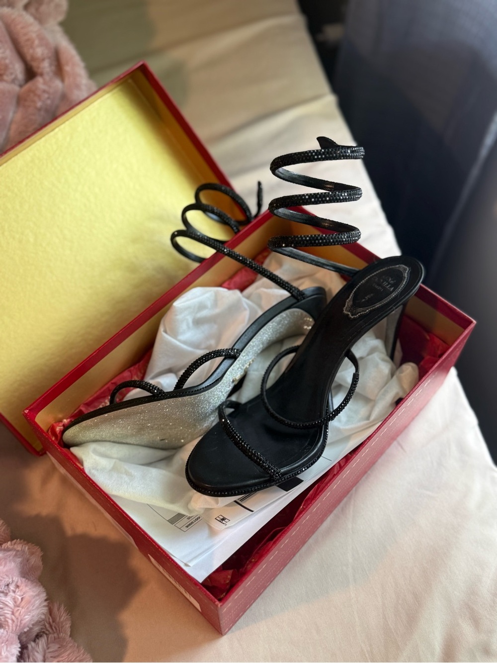 Rene Caovilla Black Spiral Ankle-Wrap Crystal Heels